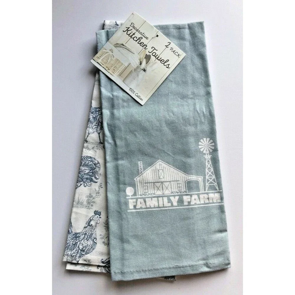 Farm Family Kitchen Dish Towels Set of 2 Sack Cloth Barn Windmill Chickens Blue